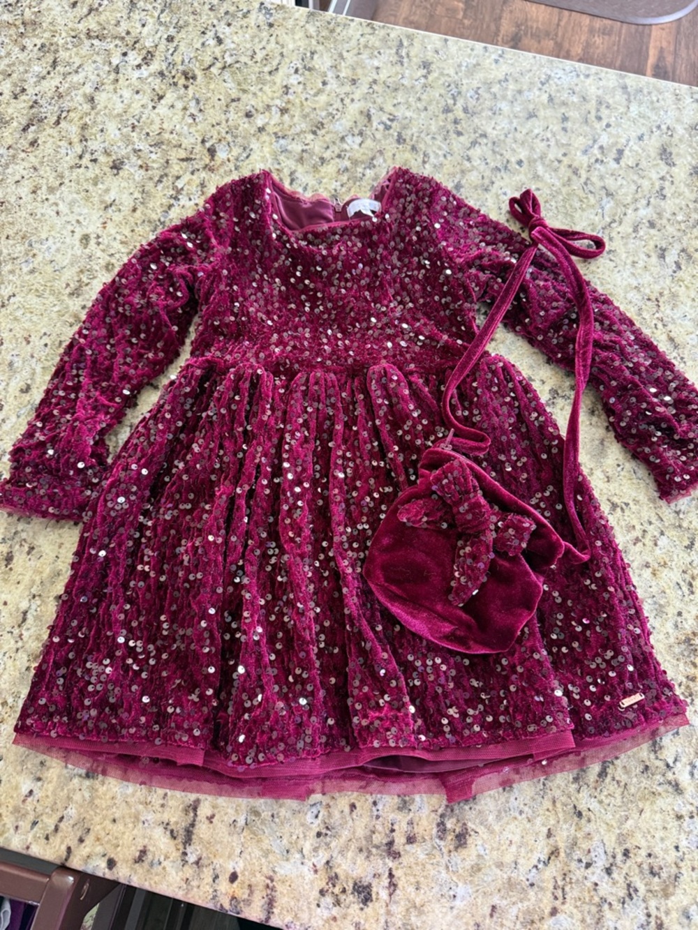 Girls' Sparkle Velvet Party Dress with Matching Bag - Burgundy